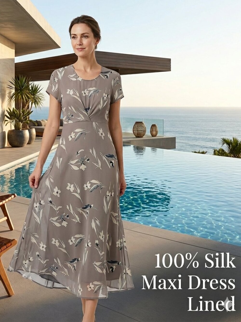 NWOT Tracy M. Women M Maxi Floral Dress 100% Silk Lined Flowy Luxury Gray/White